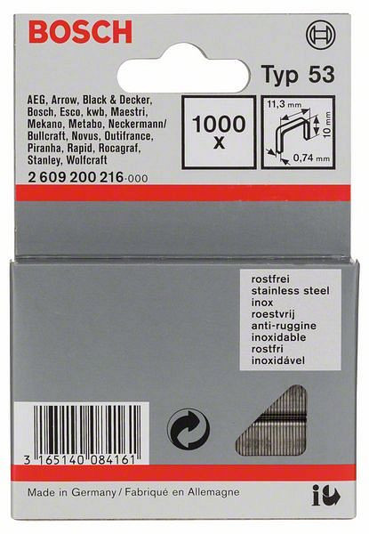 Bosch Feindrahtklammer Typ 53, 11,4 x 0,74 x 10 mm, 1000er-Pack, rostfrei, 2609200216