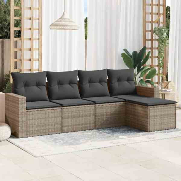 vidaXL 5-tlg. Garten-Sofagarnitur mit Kissen Grau Poly Rattan, UV-beständig, 3218880