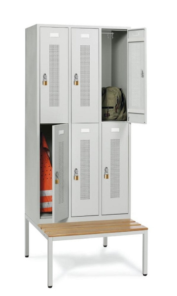 Deskin Doppelstöckiger Spind mit Sitzbank, Lichtgrau RAL 7035, 870 x 800 x 2050 mm, 6 Abteile, Korpus: Lichtgrau RAL 7035, 331501