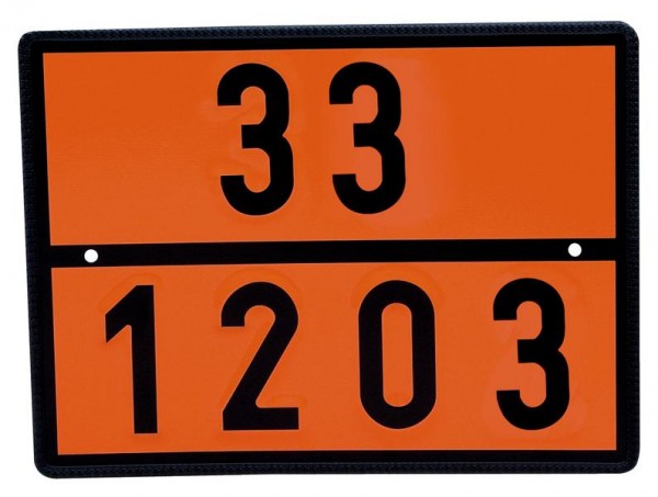 SIGNUM Einstofftafel mit Ziffern 30/1203 für Ottokraftstoff/Benzin, Vorderseite Reflexfolie orange, Ziffern erhaben geprägt schwarz, verzinktes Stahlblech, E7002
