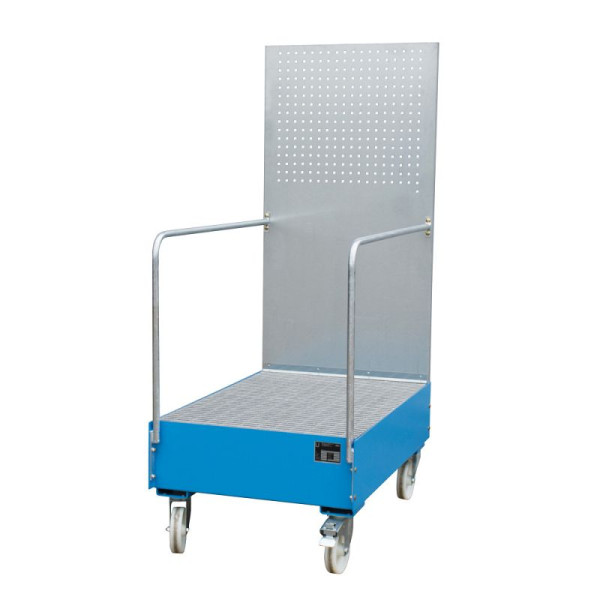 STEIN HGS Fahrbare Auffangwanne mit Lochplattenwand LPW, 215 Liter, RAL 5012 lichtblau, Höhe 2015mm, lackiert, 2x200 Liter Fass, Breite 800mm, 79205.0015