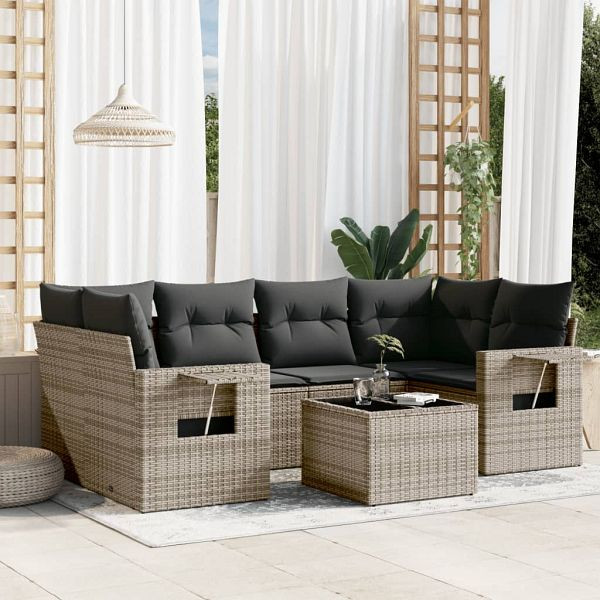 vidaXL 7-teilig Garten-Sofagarnitur mit Kissen Grau Poly Rattan, 3219919