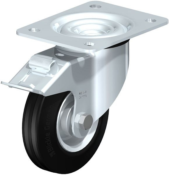 Blickle LK-RD 125R-3-FI Stahlblech-Lenkrolle, schwere Ausführung, mit Anschraubplatte & Feststeller, Zweikomponenten-Vollgummi, Schwarz, 614693