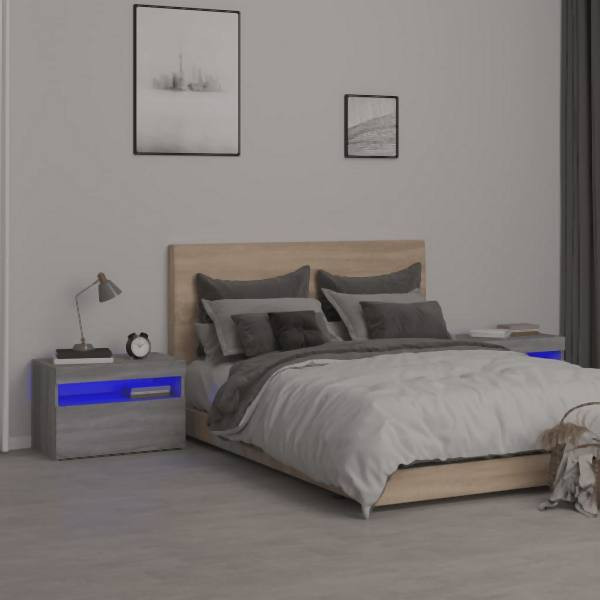 vidaXL Nachttische 2 Stück mit LED-Leuchten Grau Sonoma 60x35x40 cm, 3152829