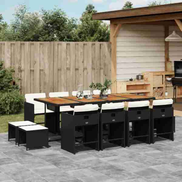vidaXL 13-tlg. Garten-Essgruppe mit Kissen Schwarz Poly Rattan, UV-beständig, 3211167