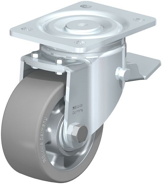 Blickle LH-ALTH 127K-ST-AS Stahlblech-Lenkrolle, Schwerlast-Ausführung, mit Anschraubplatte & Feststeller, Blickle Extrathane®, Grau, 738993