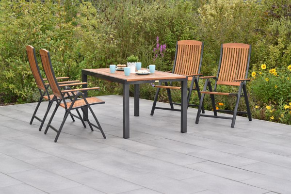 Merxx Athos Set 5-teilig, 4 Klappsessel, Rückenlehne 5-fach verstellbar, 1 Ausziehtisch 150 (200) x 90 cm, Aluminium mit FSC Akazienholz, 50834-217