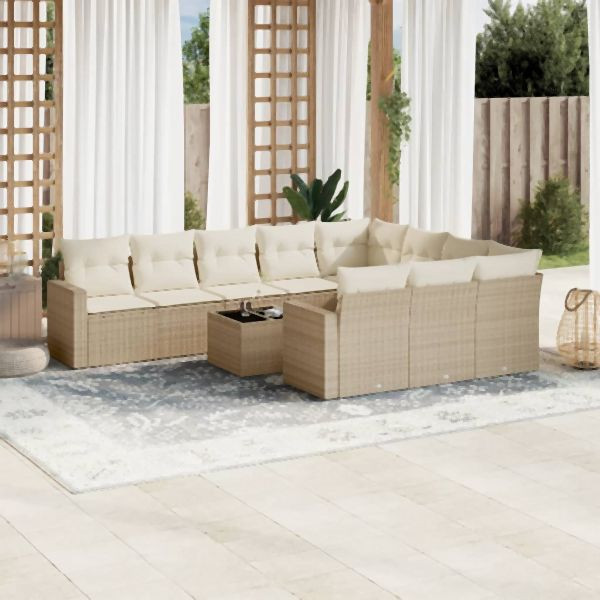 vidaXL 11-tlg. Garten-Sofagarnitur mit Kissen Beige Poly Rattan, 3251835