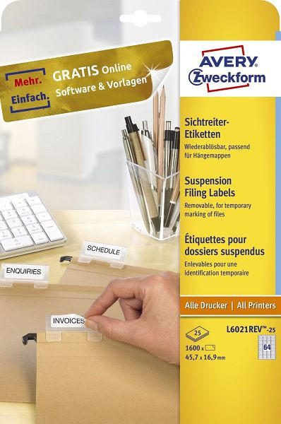AVERY Zweckform L6021REV-25 Sichtreiter-Etiketten, 45,7 x 16,9 mm, 25 Blatt/1.600 Etiketten, weiß, L6021REV-25