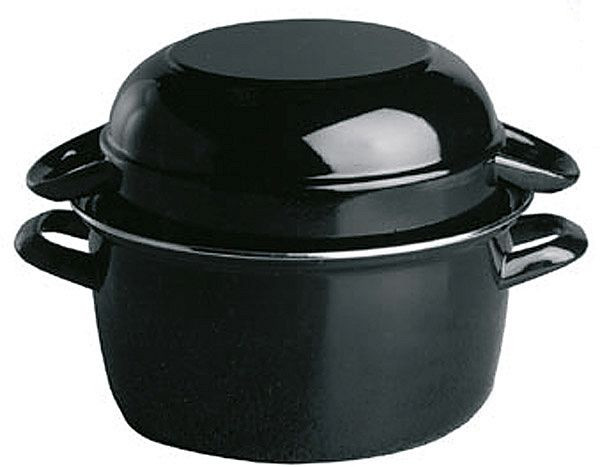 APS Servier-Muscheltopf für 0,5 kg, Ø 13,5 cm, für 1 Portion, schwarz emailiertes Stahlblech, mit Edelstahlrand, 0,75 Liter, 00623