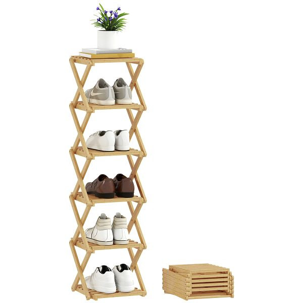 HOMCOM Schuhregal, klappbar Schuhständer mit 6 Ebenen aus Bambus, für max. 9 Paar Schuhe, 30 x 29 x 108 cm, Natur, 837-658V00ND