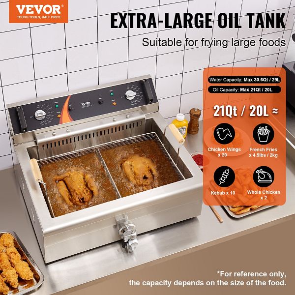 VEVOR kommerzielle Fritteuse, 2250 W elektrische Fritteuse mit Korb, Großes Fassungsvermögen 20 L Countertop Oil Fryer, Edelstahl, Temperaturregelung, für Küche Restaurant Verwendung, Silber