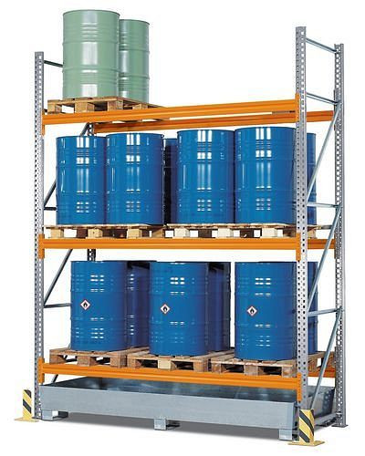 DENIOS Palettenregal PR 27.37 für 9 Euro- oder 6 Chemiepaletten, mit 3 Lagerebenen, Grundfeld, 199631