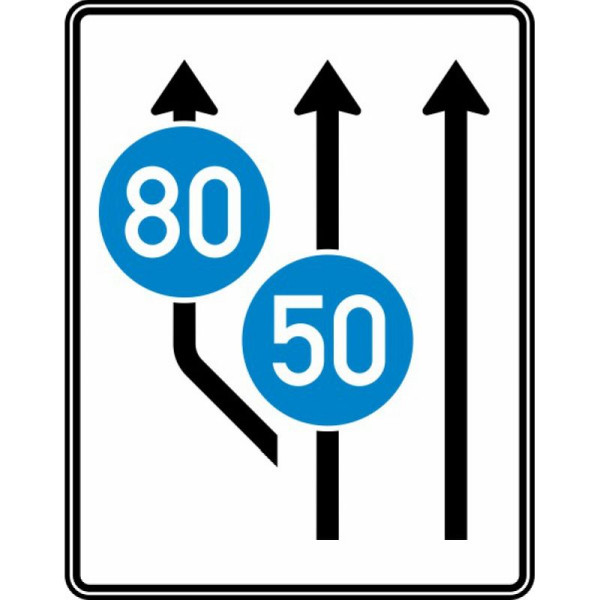 Stein HGS Aufweitungstafel ohne Gegenverkehr, 2-streifig + Fahrstreifen, links, mit min. Geschwindigkeit, Nr.545-11, 1250x1600mm, RA1, Alform, ohne Entfernungsangabe, 545-11-112