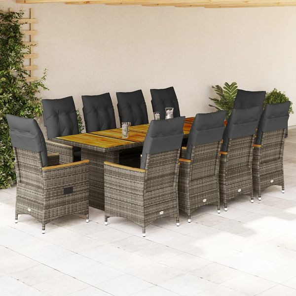 vidaXL 11-teilig Garten-Bistro-Set mit Kissen Grau Poly Rattan, 3277253