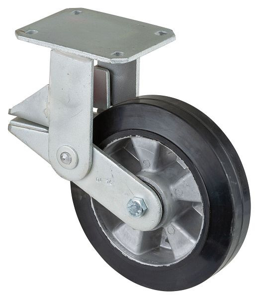 BS Rollen Gefederte Schwerlastrolle, Bockrolle, Breite 50 mm, Ø200 mm, bis 450 kg, Elastik-Reifen schwarz, Radkörper Aluminium, Kugellager, T110.B80.200