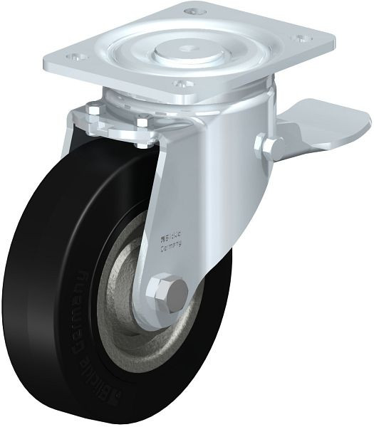 Blickle LH-SE 160K-ST Stahlblech-Lenkrolle, Schwerlast-Ausführung, mit Anschraubplatte & Feststeller, Elastik-Vollgummi, Schwarz, 10876