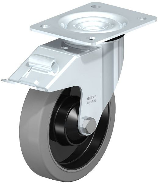 Blickle LE-POEV 161KD-FI-SG Stahlblech-Lenkrolle mit Anschraubplatte & Feststeller, Elastik-Vollgummi, Grau, 850142