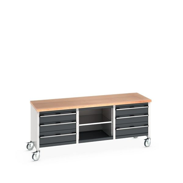 bott cubio Kastenwerkbank mobil 6 Schubladen, Ablage, Multiplex-Arbeitsplatte, BxTxH: 2000x750x840mm, RAL 7035/7016, Anthrazitgrau, 41002130.19V