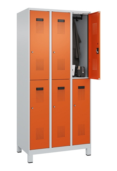 C+P Doppelstöckiger Spind Evolo PLUS, mit Füßen, 6 Fächer, 1950x900x500mm, 7035, Frontfarbe RAL 2004 Reinorange, Zylinderschloss, 049310-30 S10029