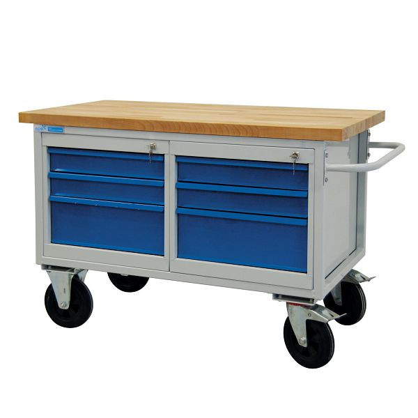 ADB Werkbank/Tischwagen 6 Schubladen, Maße HxBxT: 840x1300x600 mm, Farbe Tischwagen: lichtgrau, RAL 7035, Farbe Schubladen: Lichtblau (RAL 5012), 42746