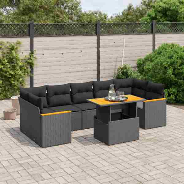 vidaXL 8-tlg. Garten-Sofagarnitur mit Kissen Schwarz Poly Rattan, UV-beständig, 3272987