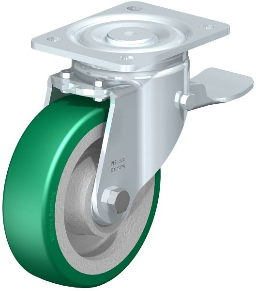 Blickle LH-GST 160K-ST Stahlblech-Lenkrolle, Schwerlast-Ausführung, mit Anschraubplatte & Feststeller, Blickle Softhane®, Grün, 852388