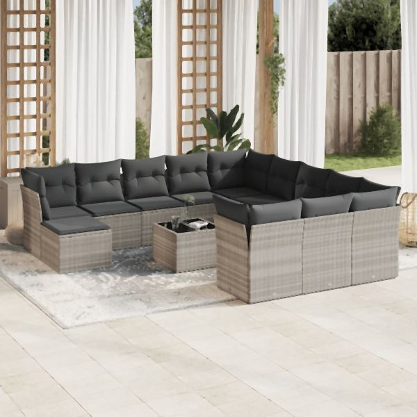 vidaXL 13-tlg. Garten-Sofagarnitur mit Kissen Hellgrau Poly Rattan, 3218642