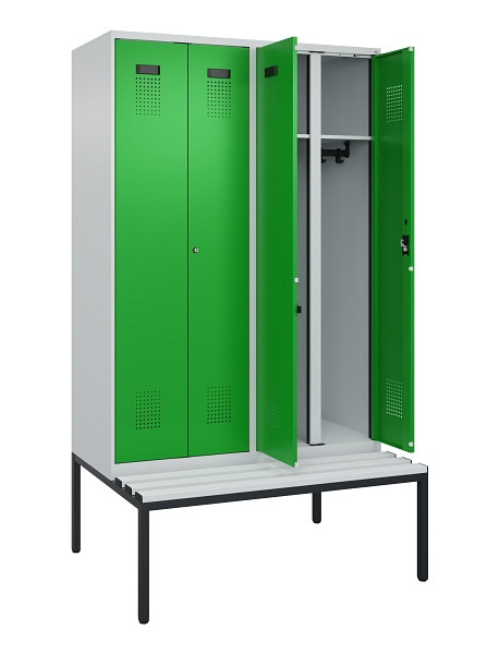C+P Schwarz-Weiß-Spind Evolo PLUS, Bank, 4 Abteile, 2120x1200x815mm, 7035/6037, Zylinderschloss, Sitzfläche Kunststoff, Sitzbank, 0490527-40 S10092