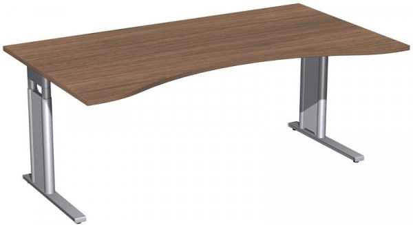 geramöbel Schreibtisch Ergonomieform höhenverstellbar, C Fuß Blende optional, 1800x1000x680-820, Nussbaum/Silber, N-647337-NS