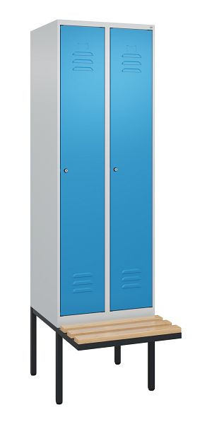C+P Umkleidespind Classic PLUS, 2 Abteile, 2120x600x815mm, 7035/5012, Zylinderschlösser, Buche-Sitzleisten, 3 Doppel-Haken, 0800407-20 S10050