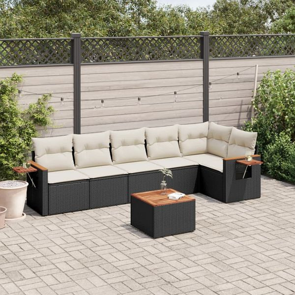 vidaXL 7-teilig Garten-Sofagarnitur mit Kissen Schwarz Poly Rattan, 3259235