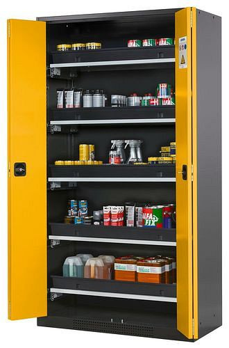 asecos Chemikalienschrank Systema-T CS-105F, Korpus anthrazit, Falttüren gelb, 5 Tablarauszüge, 209014