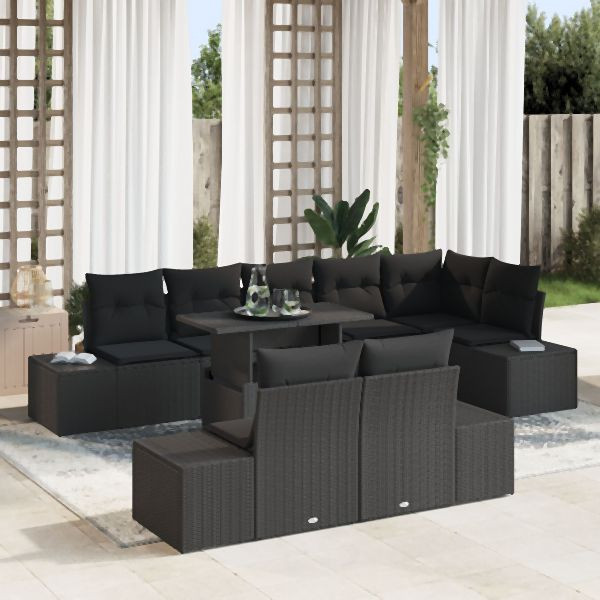 vidaXL Garten-Sofa-Set 9 Teile Schwarz Rattan-Geflecht, Stoffkissen, 3349209
