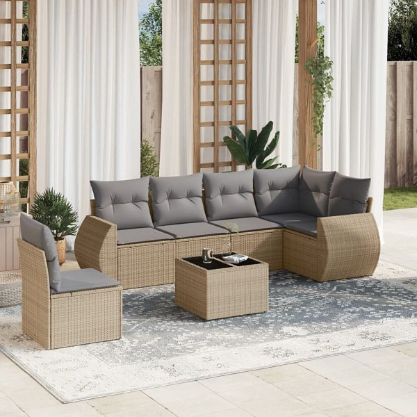 vidaXL 7-teilig Garten-Sofagarnitur mit Kissen Beige Poly Rattan, 3221438