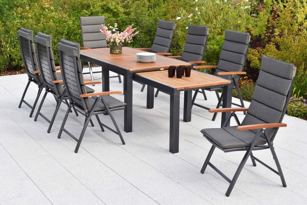 Merxx Tinos Set 17-teilig, 8 Tinos Klappsessel, Holzoptik, 8 Auflegekissen, grau, 1 Flex Ausziehtisch 180/180 x 100/83 x 80/74 cm, 50464-800