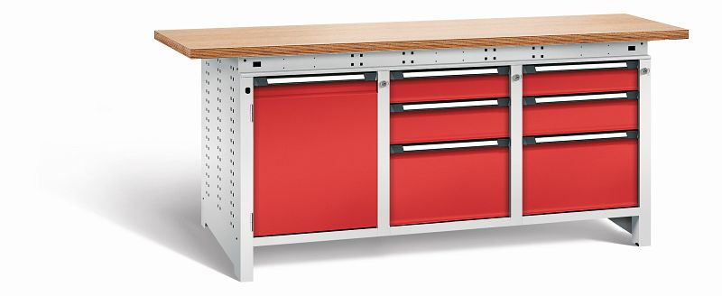 Otto Kind Werkbank Serie function Typ 311, Multiplexplatte 40 mm, überstehend, 2x Unterbau + mittleres Feld, Gehäuse RAL 7035, Front RAL 3000, 072366234