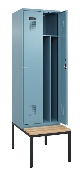 C+P Spind Evolo PLUS, 2 Abteile, 2120x600x815mm, 0010/0010, Zylinderschloss, Sitzfläche Buche-Hartholz, Sitzbank, 0490507-20F S10048