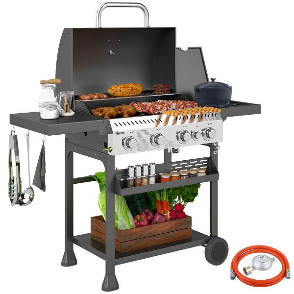 Outsunny Gasgrill, BBQ-Grill, 4 Hauptbrenner, 1 Seitenkocher, 1 Warmhalteplatte; 135 x 55 x 103 cm, Schwarz, 846-136V92BK