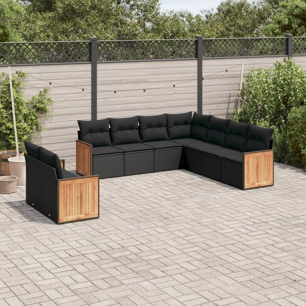 vidaXL 9-teilig Garten-Sofagarnitur mit Kissen Schwarz Poly Rattan, 3227777