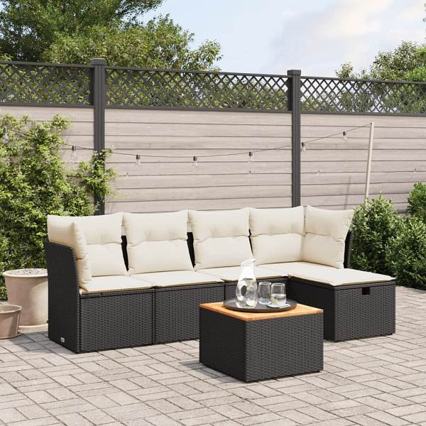vidaXL 6-tlg. Garten-Sofagarnitur mit Kissen Schwarz Poly Rattan, UV-beständig, 3264710