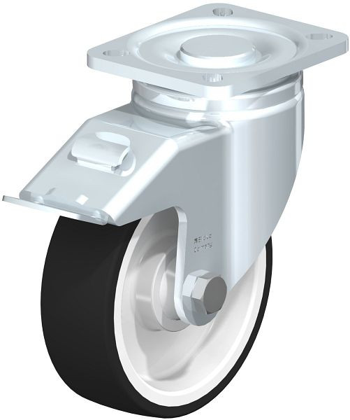 Blickle LH-POTH 125K-1-FI Stahlblech-Bockrolle, Schwerlast-Ausführung, mit Anschraubplatte & Feststeller, Thermoplastisches Polyurethan, Grau, 592865