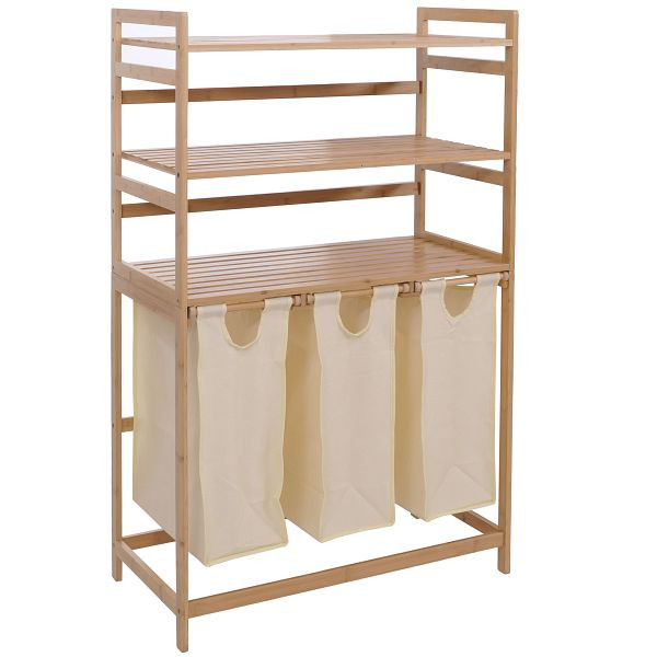 Mendler Bambus Wäschesammler HWC-P78, Wäschesortierer Wäschekorb Regal Wäscheorganizer, 3 Ablagen FSC® 125x80x40cm 135L, creme, 120018
