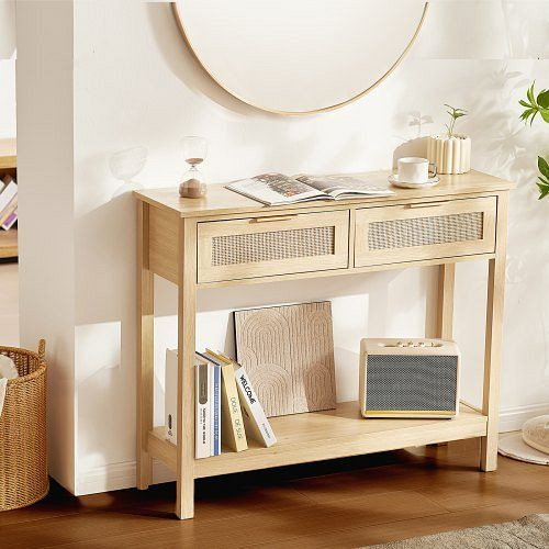 VEVOR Rattan-Konsolentisch Flurtisch Dekotisch 2 Schubladen Schiebetür Natur, TBXGZ2CMSYGBWFU0TV0