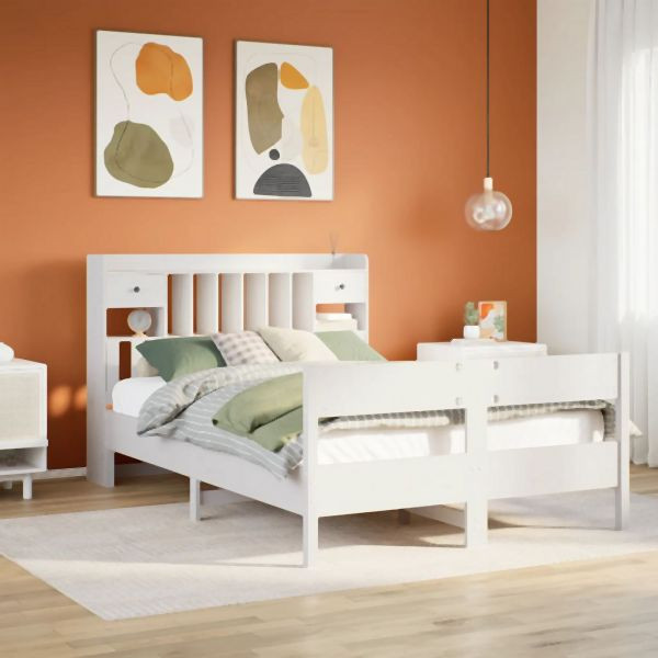 vidaXL Massivholzbett mit Regal ohne Matratze Weiß 135x190 cm Kiefer, 3323042
