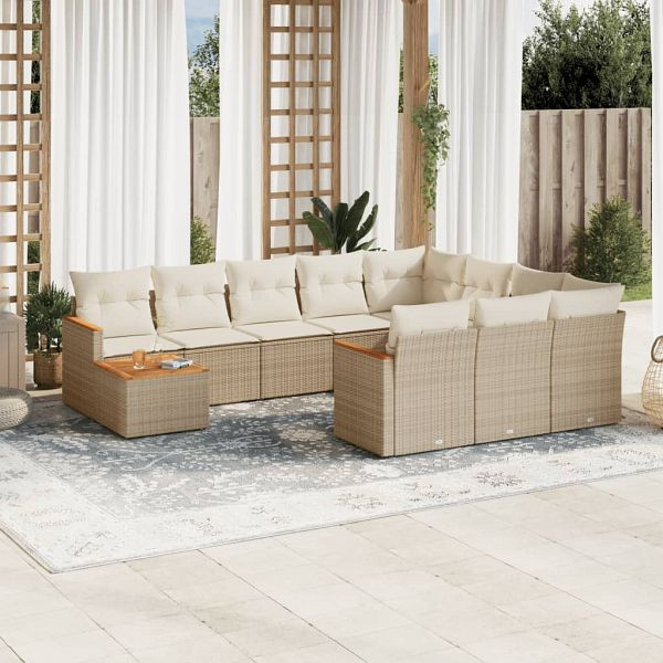 vidaXL 11-tlg. Garten-Sofagarnitur mit Kissen Beige Poly Rattan, 3258768