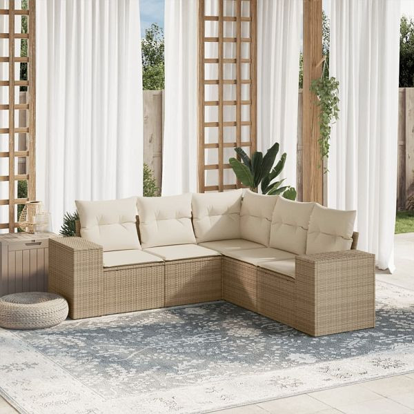 vidaXL 5-teilig Garten-Sofagarnitur mit Kissen Beige Poly Rattan, 3254885