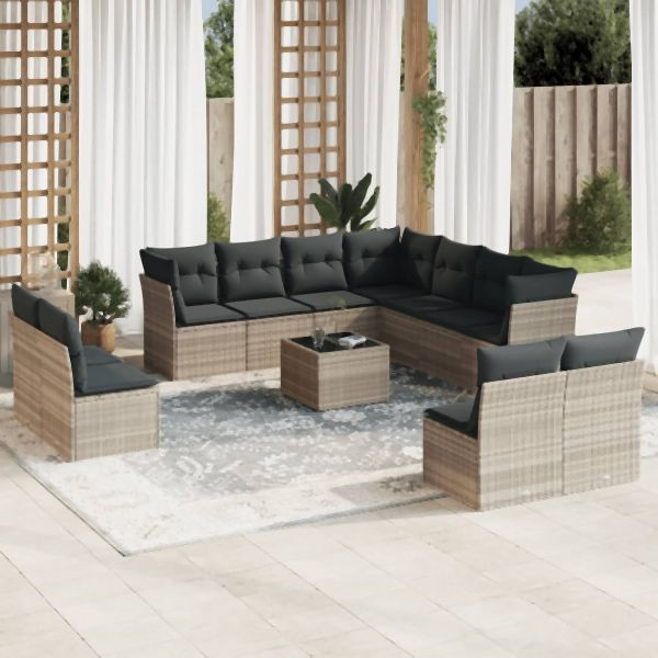 vidaXL 12-tlg. Garten-Sofagarnitur mit Kissen Hellgrau Poly Rattan, 3249671