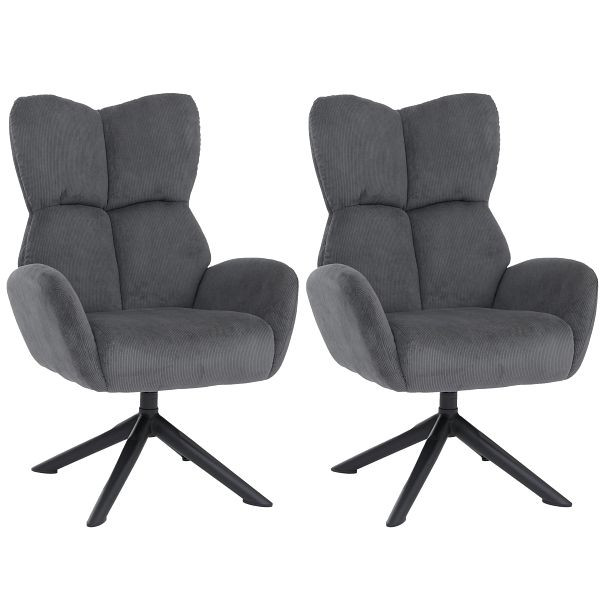 Mendler 2er-Set Esszimmerstuhl HWC-Q54, Relaxstuhl Loungestuhl Polsterstuhl, drehbar Metall Cord (320g/m²), dunkelgrau, 2x166536+2x166537