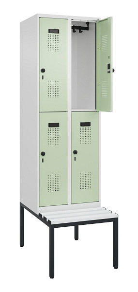 C+P Doppelstock-Spind Evolo PLUS, Bank, 4 Fächer, 2120x600x815mm, 9016/6019, Drehriegel, Sitzfläche Kunststoff, Sitzbank, 0493507-20 S10100